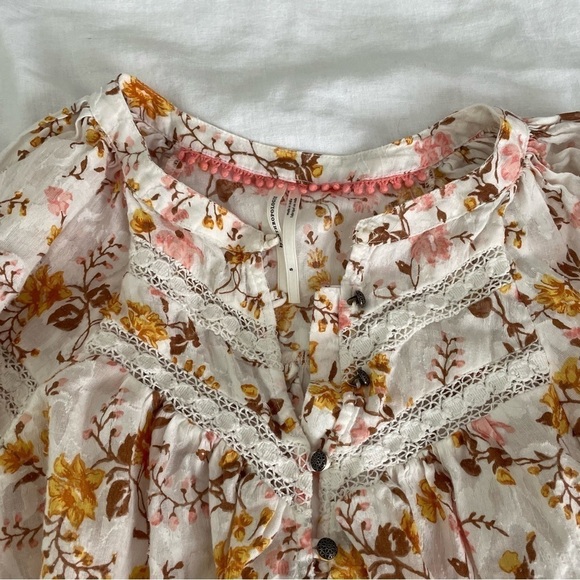 Anthropologie SMALL Harmony Lace Peasant Blouse in Orange Pink Floral Print - Picture 3 of 9